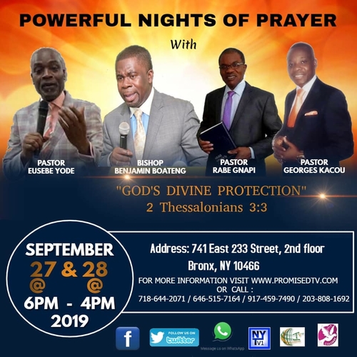vanglisation: Deux nuits de moment de priere de delivrance, de guerrison  New York le 27, 28 septembre 2019.