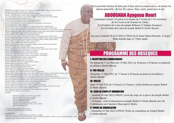 Dcs du Commandant Henri Abougnan 1947-2022: Le programme des obsques