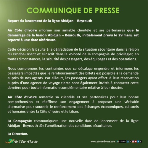 Air C�te d'Ivoire reporte sa liaison Abidjan-Beyrouth en raison de la guerre au Moyen-Orient